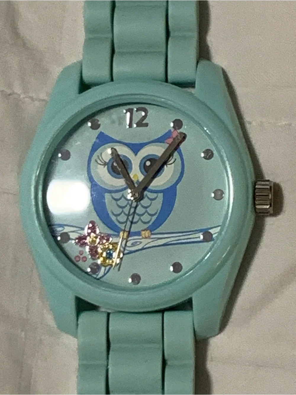 Mint Green Owl Face Silicone Band Watch